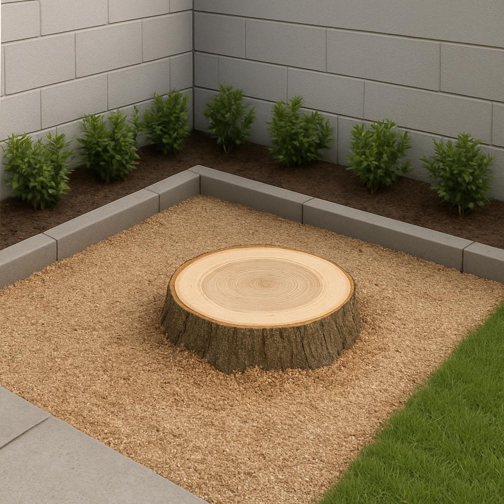 Multi-level wooden stump in square-shaped gravel with light-brown pebble, rectangular cement border with plants along the ...